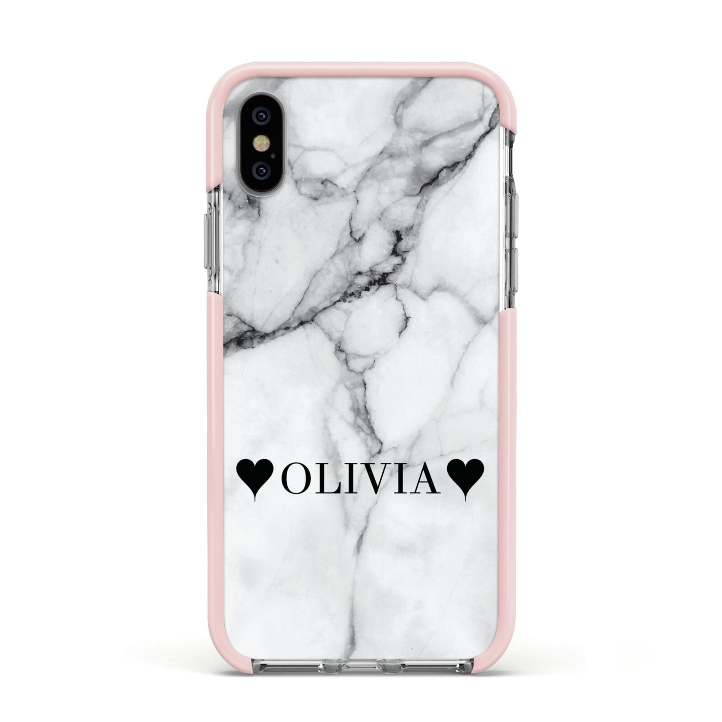 Personalised Love Hearts Marble Name Apple iPhone Xs Impact Case Pink Edge on Silver Phone