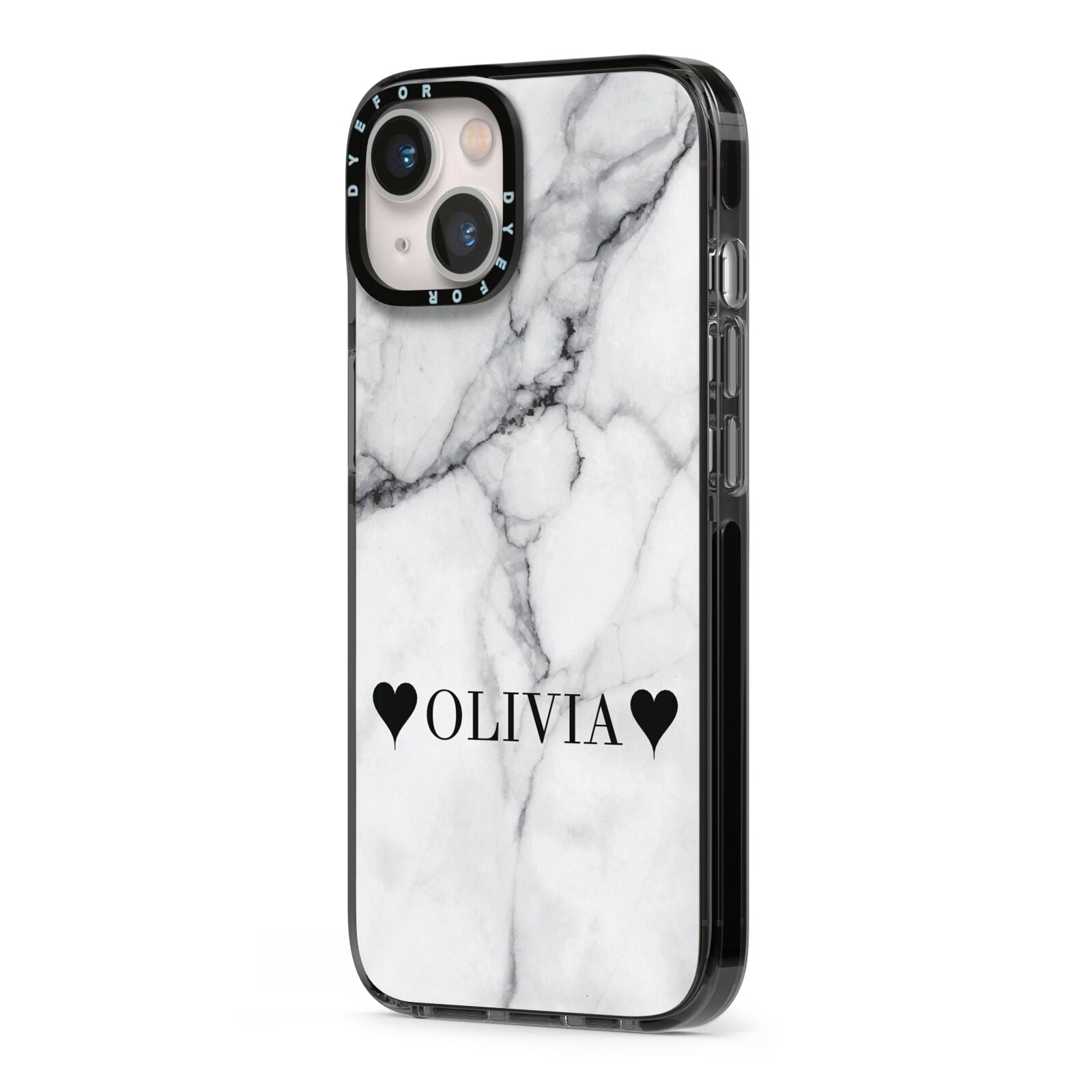 Personalised Love Hearts Marble Name iPhone 13 Black Impact Case Side Angle on Silver phone