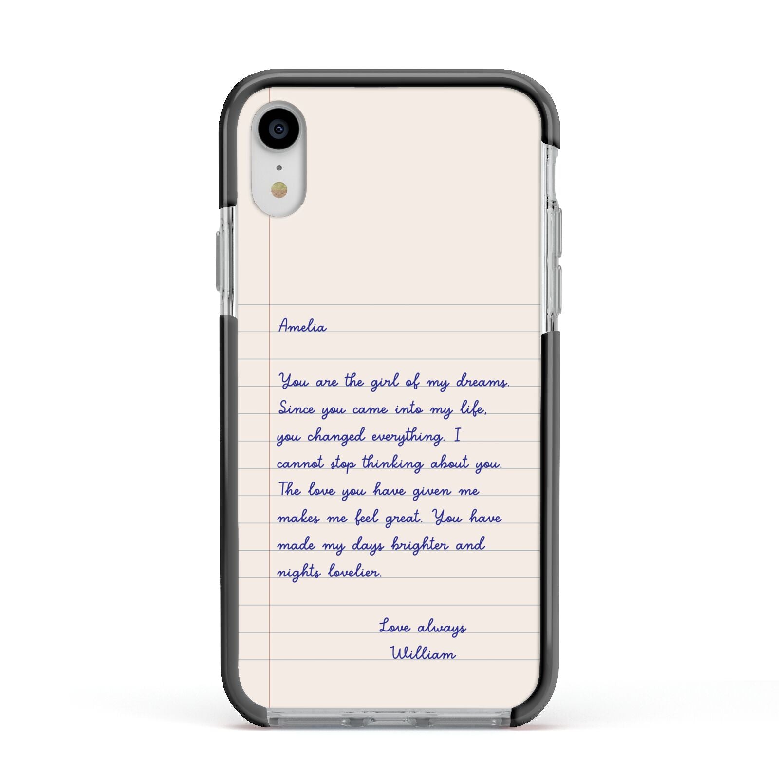 Personalised Love Letter Apple iPhone XR Impact Case Black Edge on Silver Phone