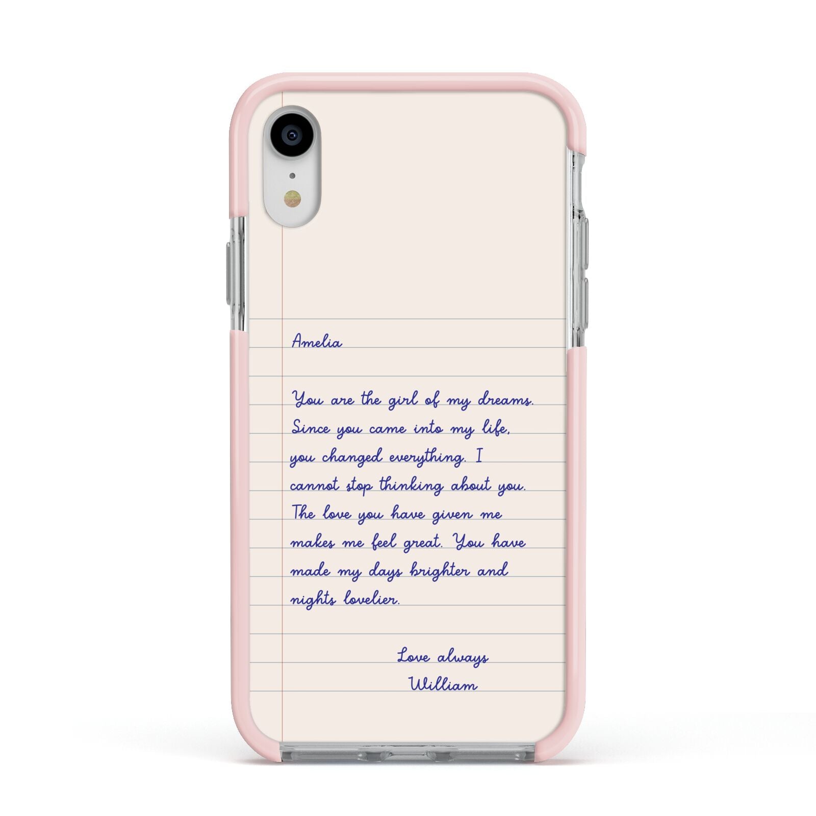 Personalised Love Letter Apple iPhone XR Impact Case Pink Edge on Silver Phone