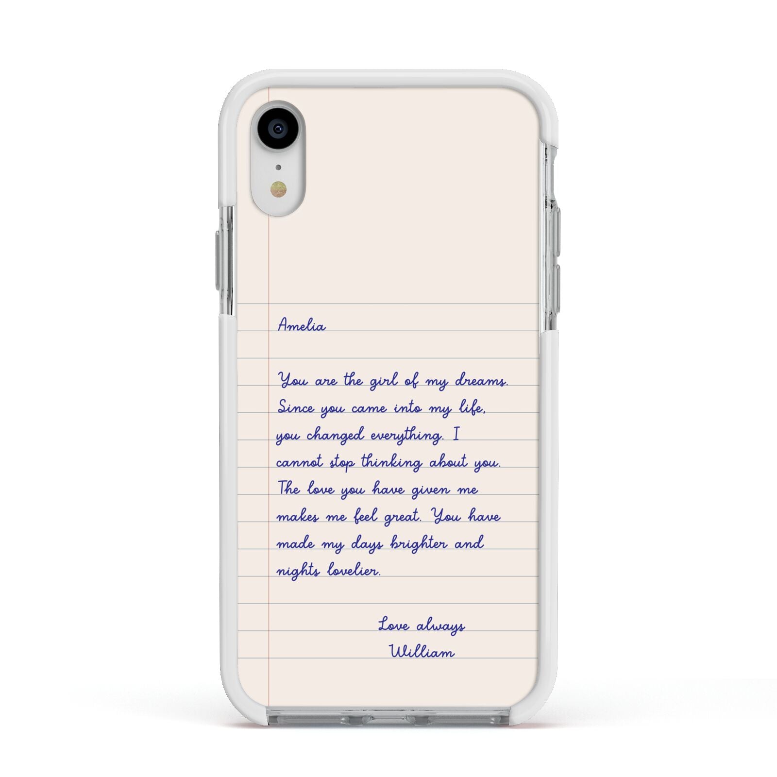 Personalised Love Letter Apple iPhone XR Impact Case White Edge on Silver Phone