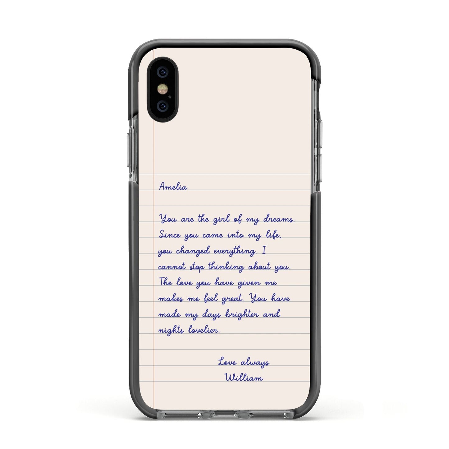 Personalised Love Letter Apple iPhone Xs Impact Case Black Edge on Black Phone