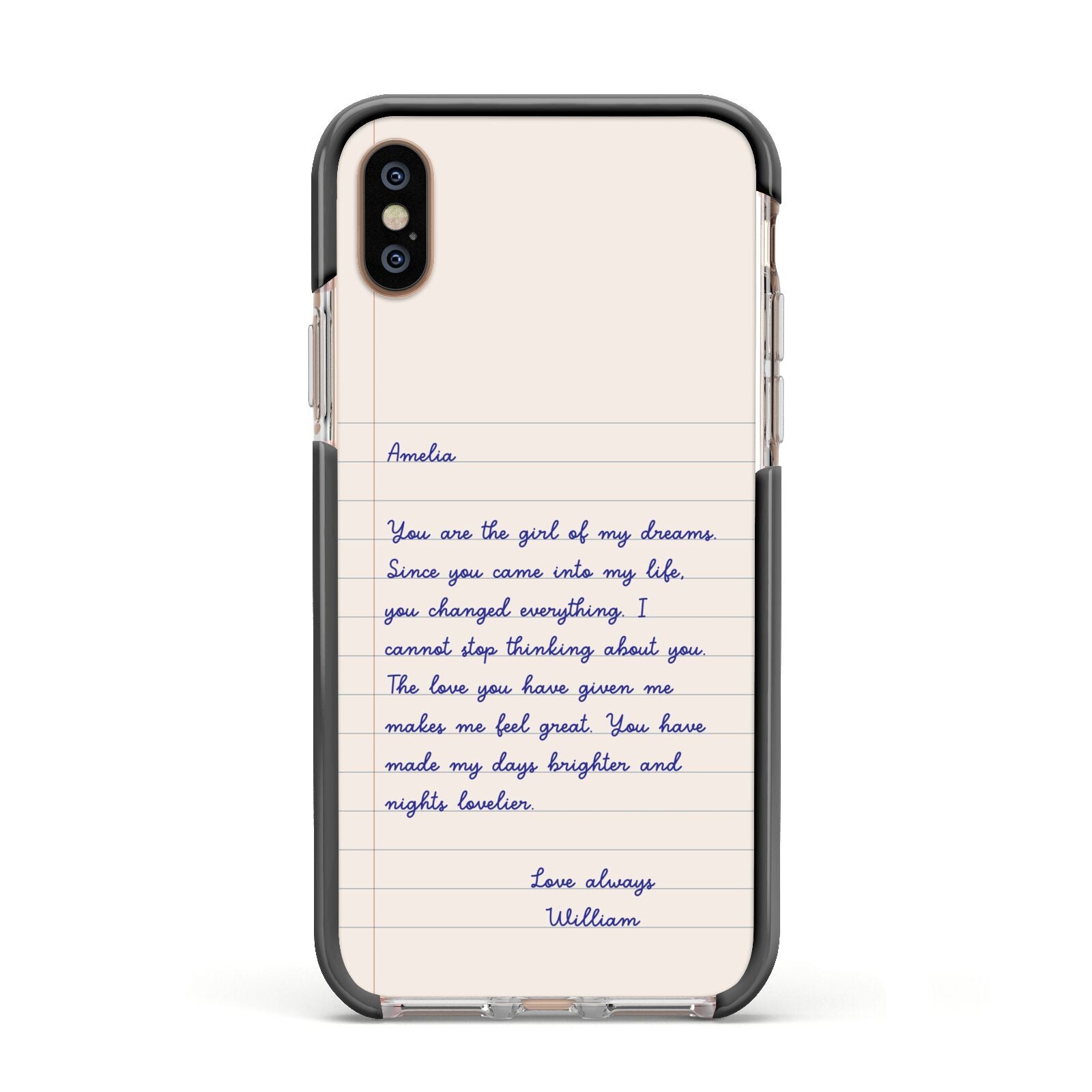 Personalised Love Letter Apple iPhone Xs Impact Case Black Edge on Gold Phone