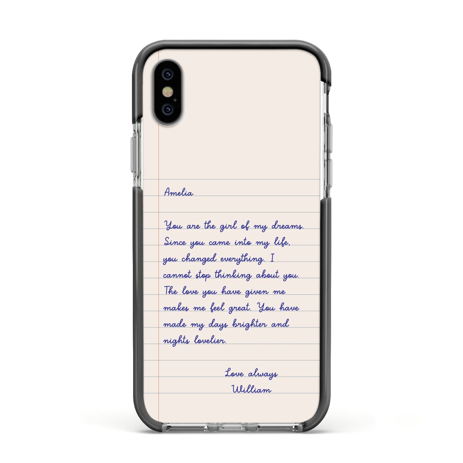 Personalised Love Letter Apple iPhone Xs Impact Case Black Edge on Silver Phone