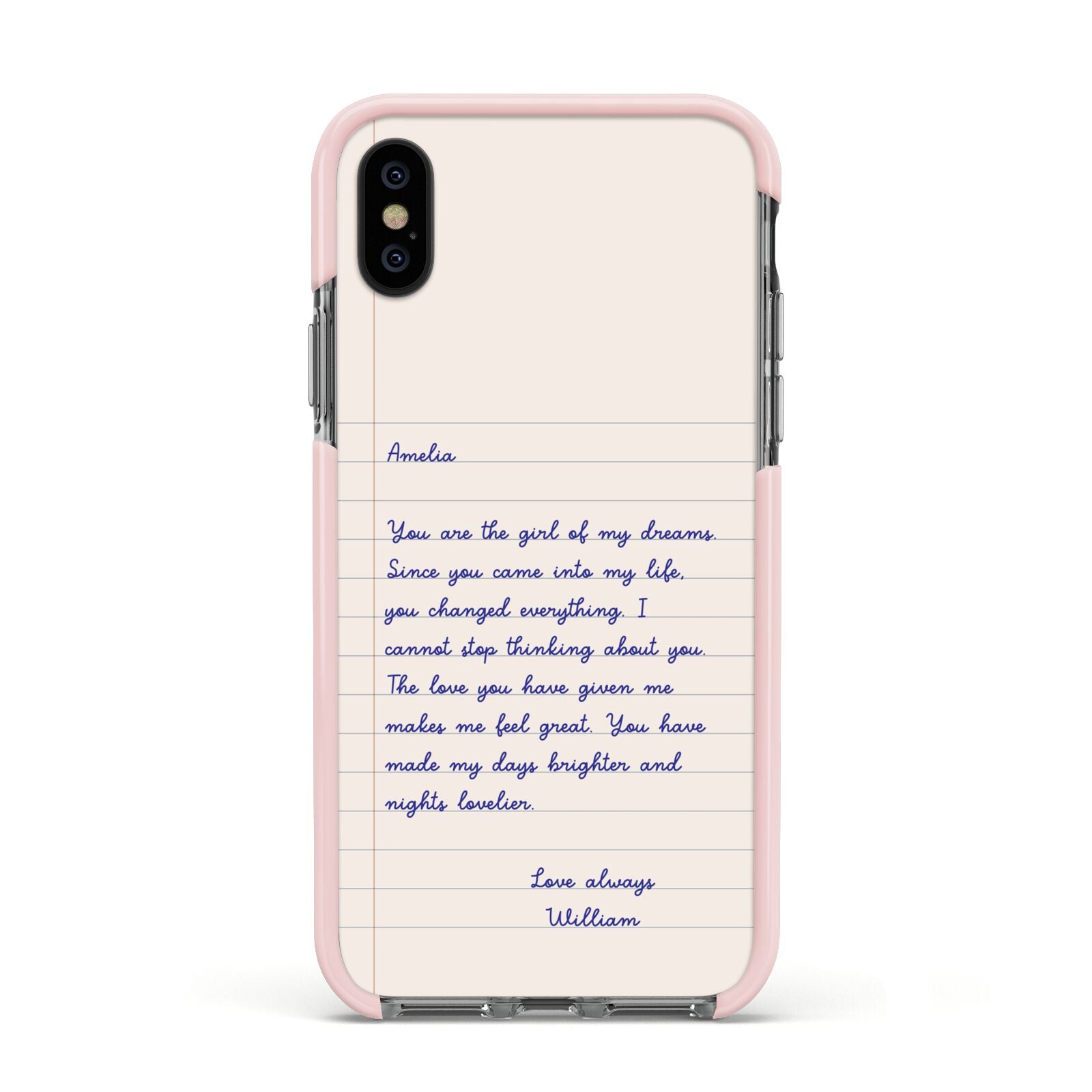 Personalised Love Letter Apple iPhone Xs Impact Case Pink Edge on Black Phone