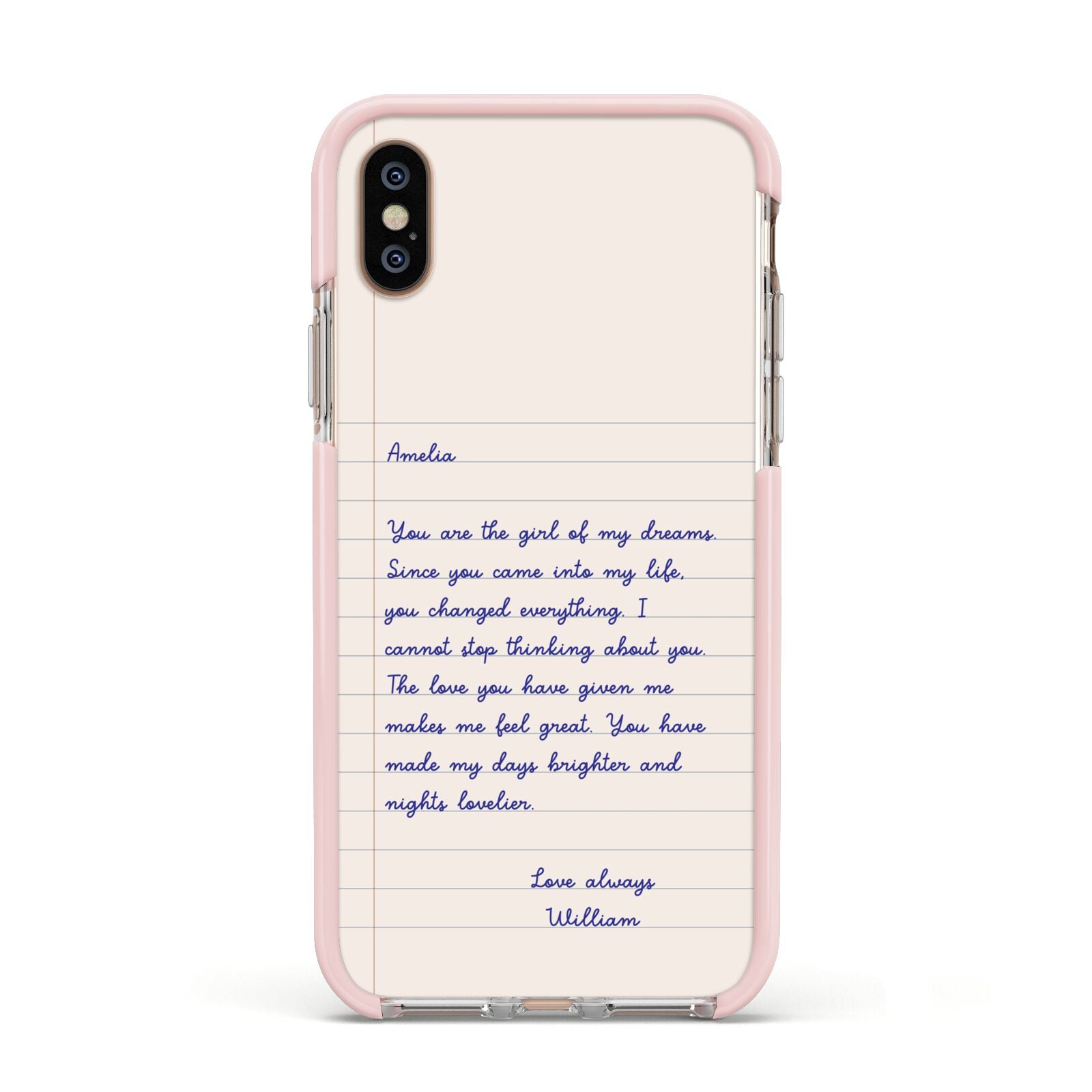 Personalised Love Letter Apple iPhone Xs Impact Case Pink Edge on Gold Phone