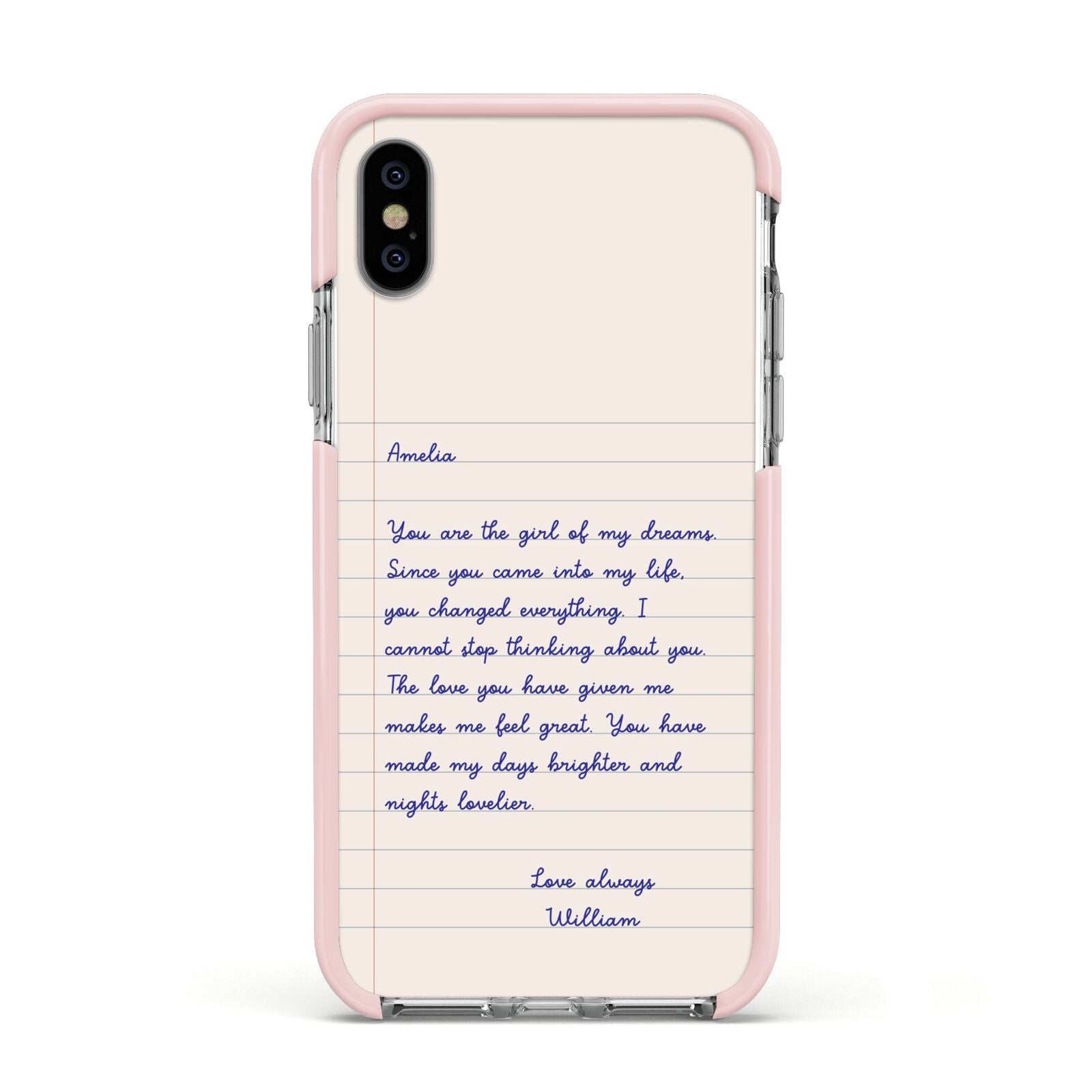 Personalised Love Letter Apple iPhone Xs Impact Case Pink Edge on Silver Phone