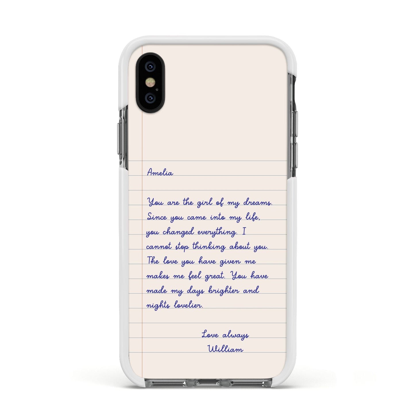 Personalised Love Letter Apple iPhone Xs Impact Case White Edge on Black Phone