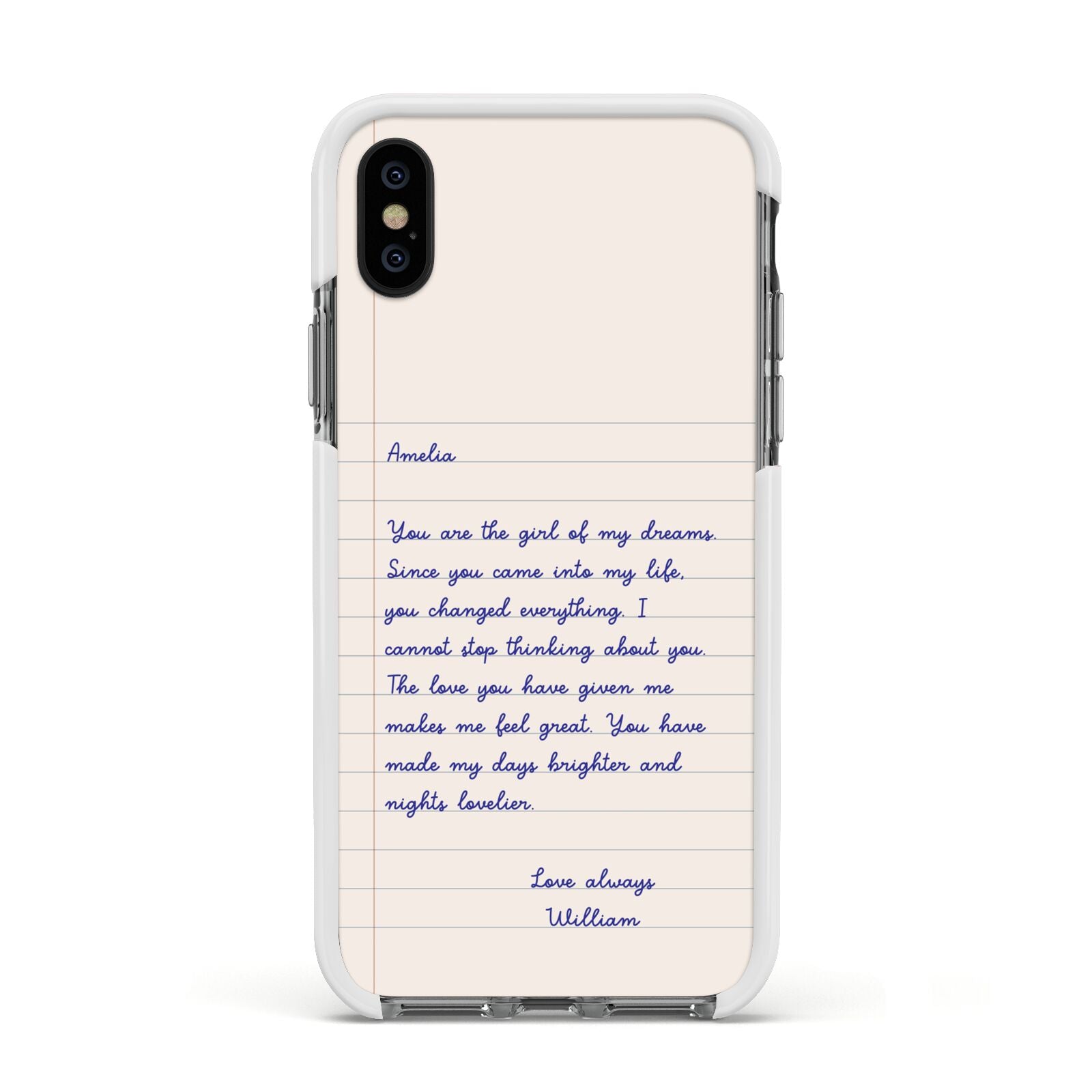 Personalised Love Letter Apple iPhone Xs Impact Case White Edge on Black Phone