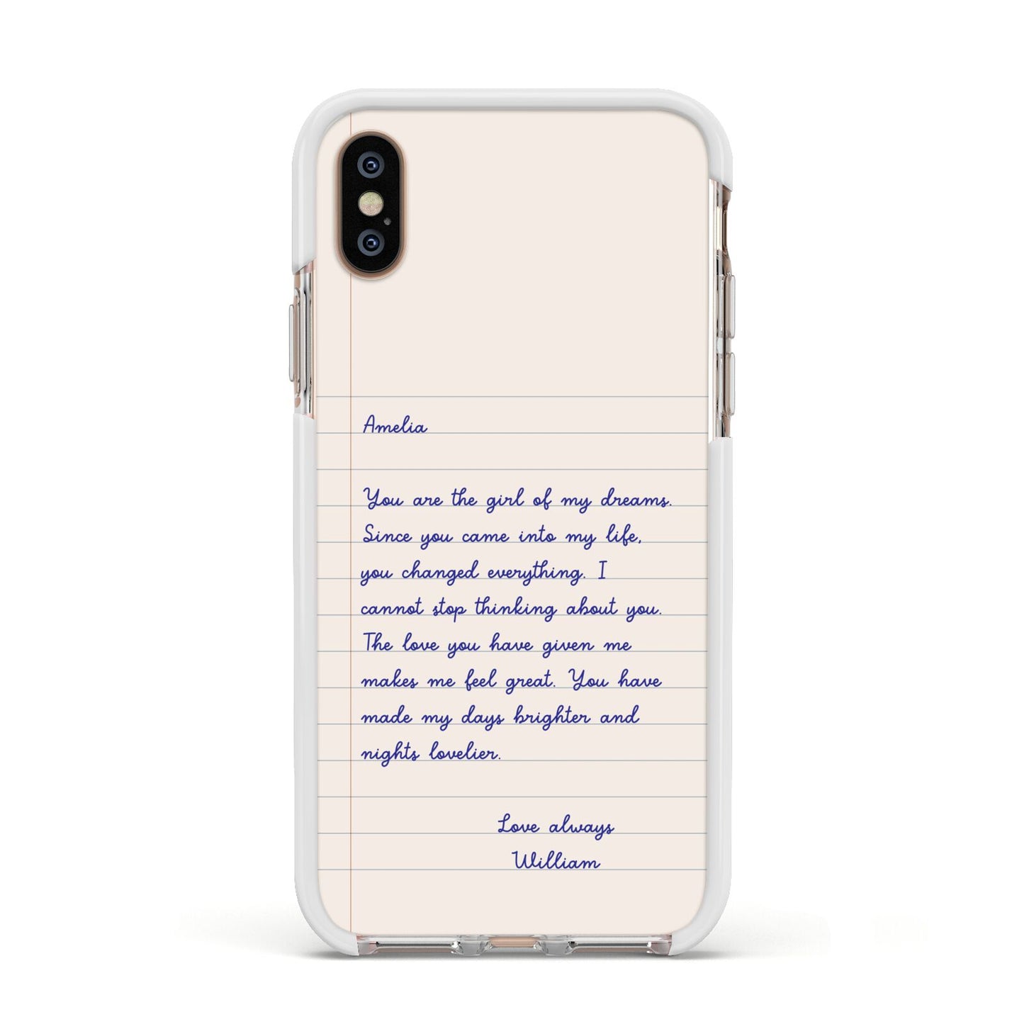 Personalised Love Letter Apple iPhone Xs Impact Case White Edge on Gold Phone