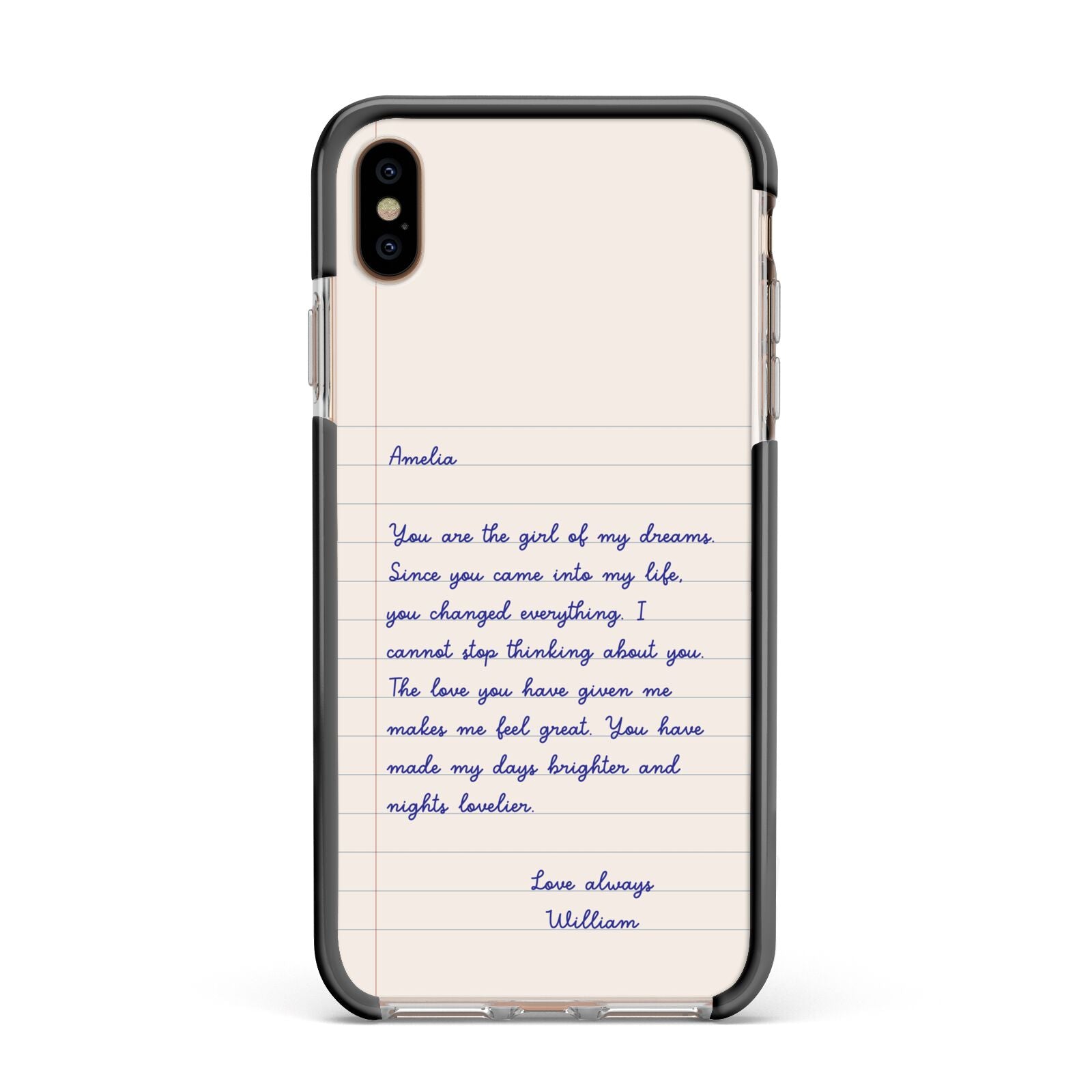 Personalised Love Letter Apple iPhone Xs Max Impact Case Black Edge on Gold Phone