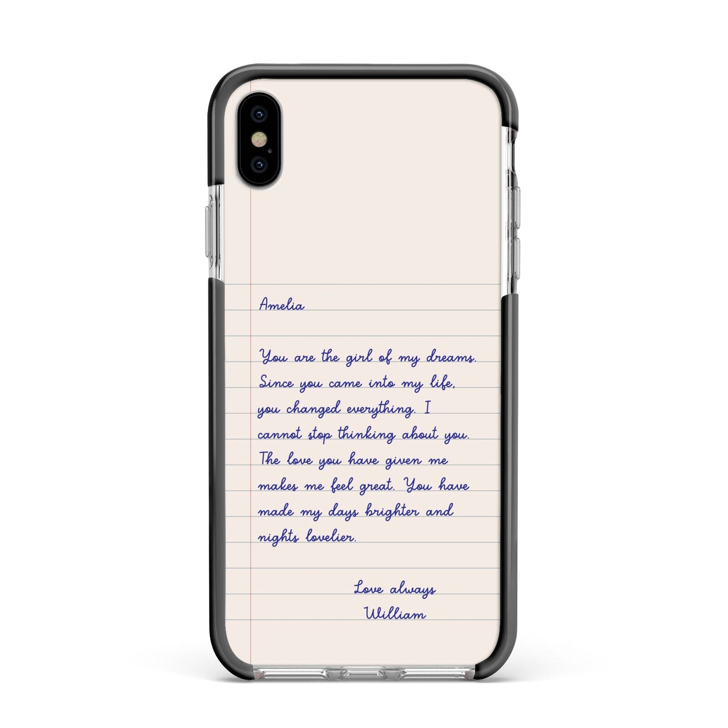 Personalised Love Letter Apple iPhone Xs Max Impact Case Black Edge on Silver Phone