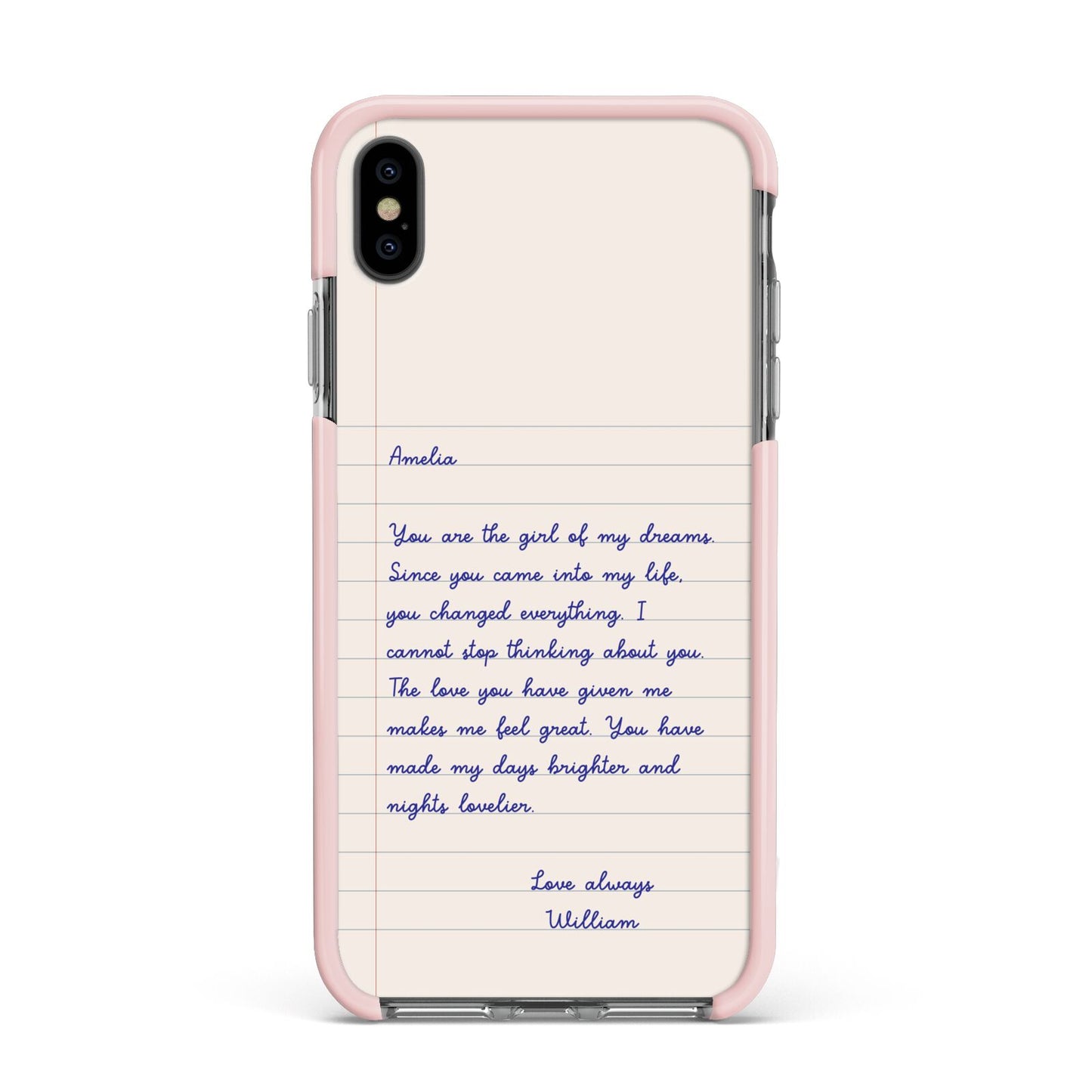 Personalised Love Letter Apple iPhone Xs Max Impact Case Pink Edge on Black Phone