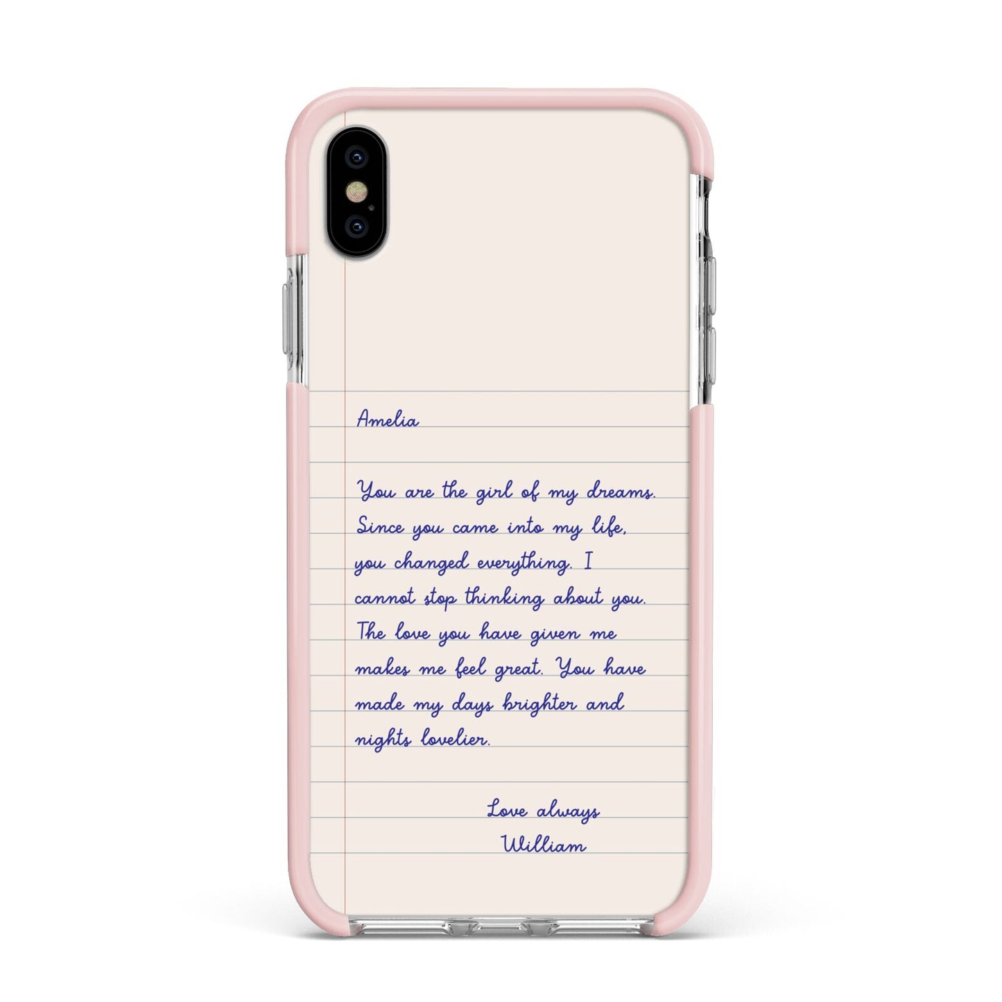 Personalised Love Letter Apple iPhone Xs Max Impact Case Pink Edge on Silver Phone