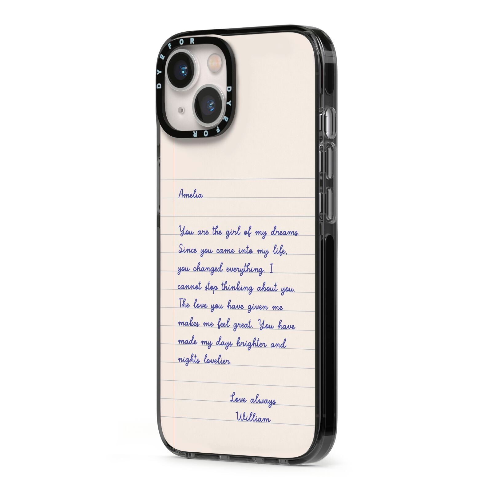 Personalised Love Letter iPhone 13 Black Impact Case Side Angle on Silver phone