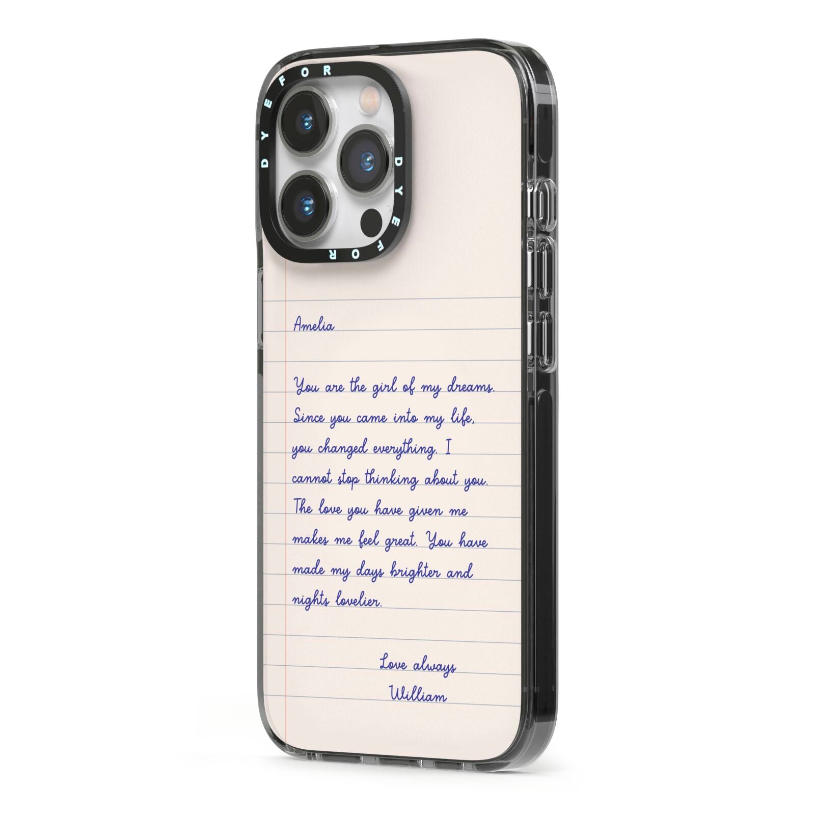 Personalised Love Letter iPhone 13 Pro Black Impact Case Side Angle on Silver phone