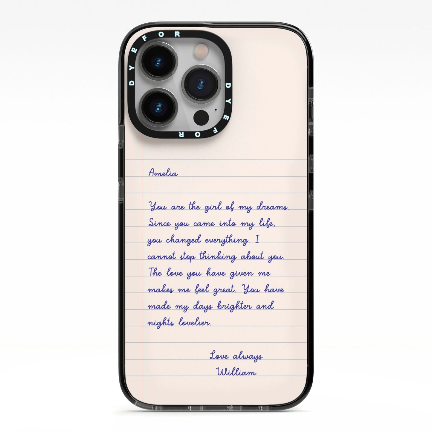 Personalised Love Letter iPhone 13 Pro Black Impact Case on Silver phone