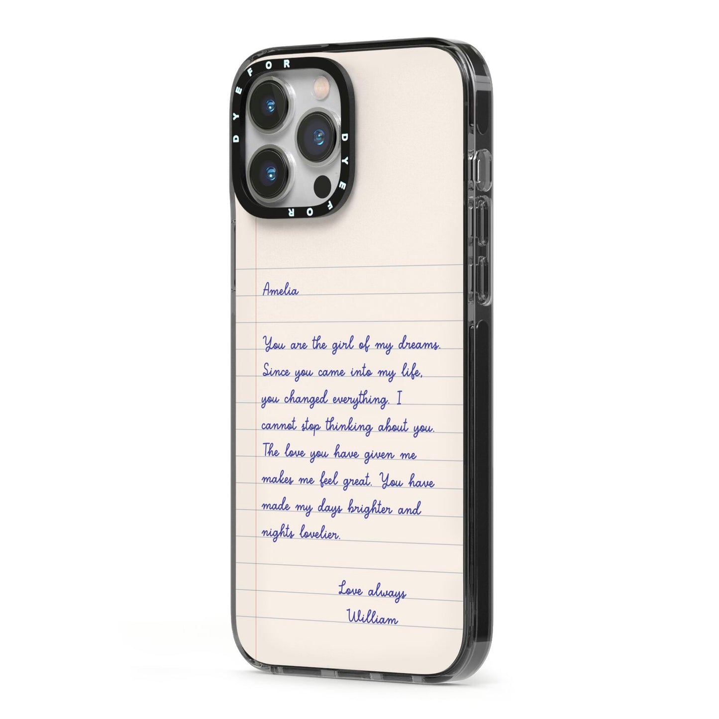 Personalised Love Letter iPhone 13 Pro Max Black Impact Case Side Angle on Silver phone