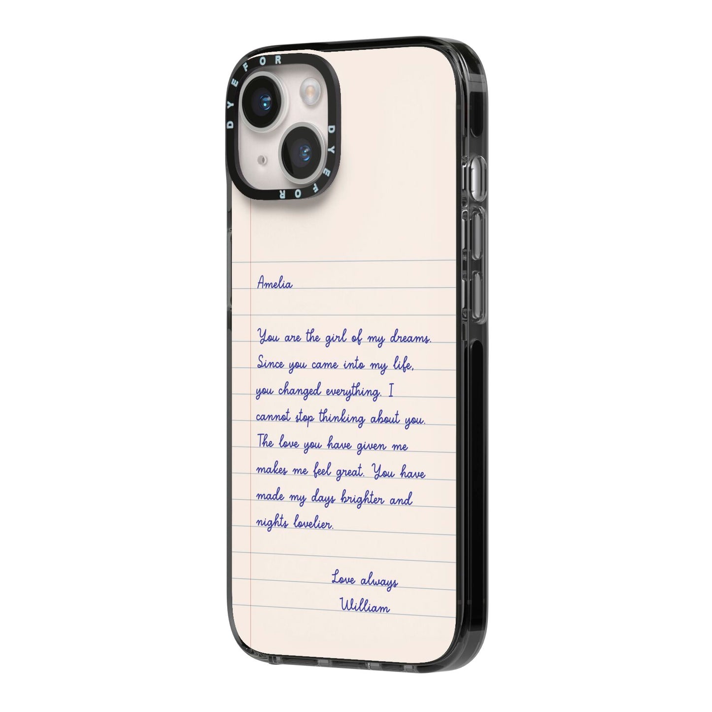 Personalised Love Letter iPhone 14 Black Impact Case Side Angle on Silver phone