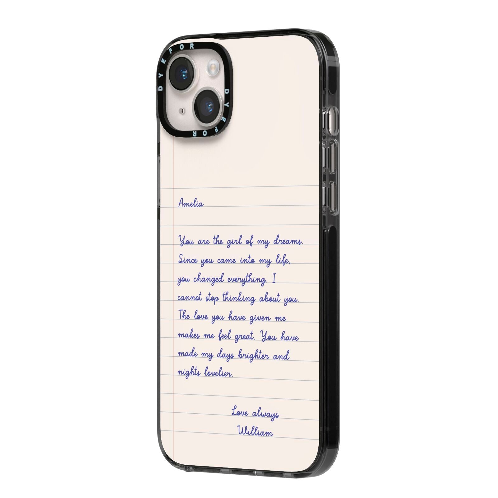 Personalised Love Letter iPhone 14 Plus Black Impact Case Side Angle on Silver phone