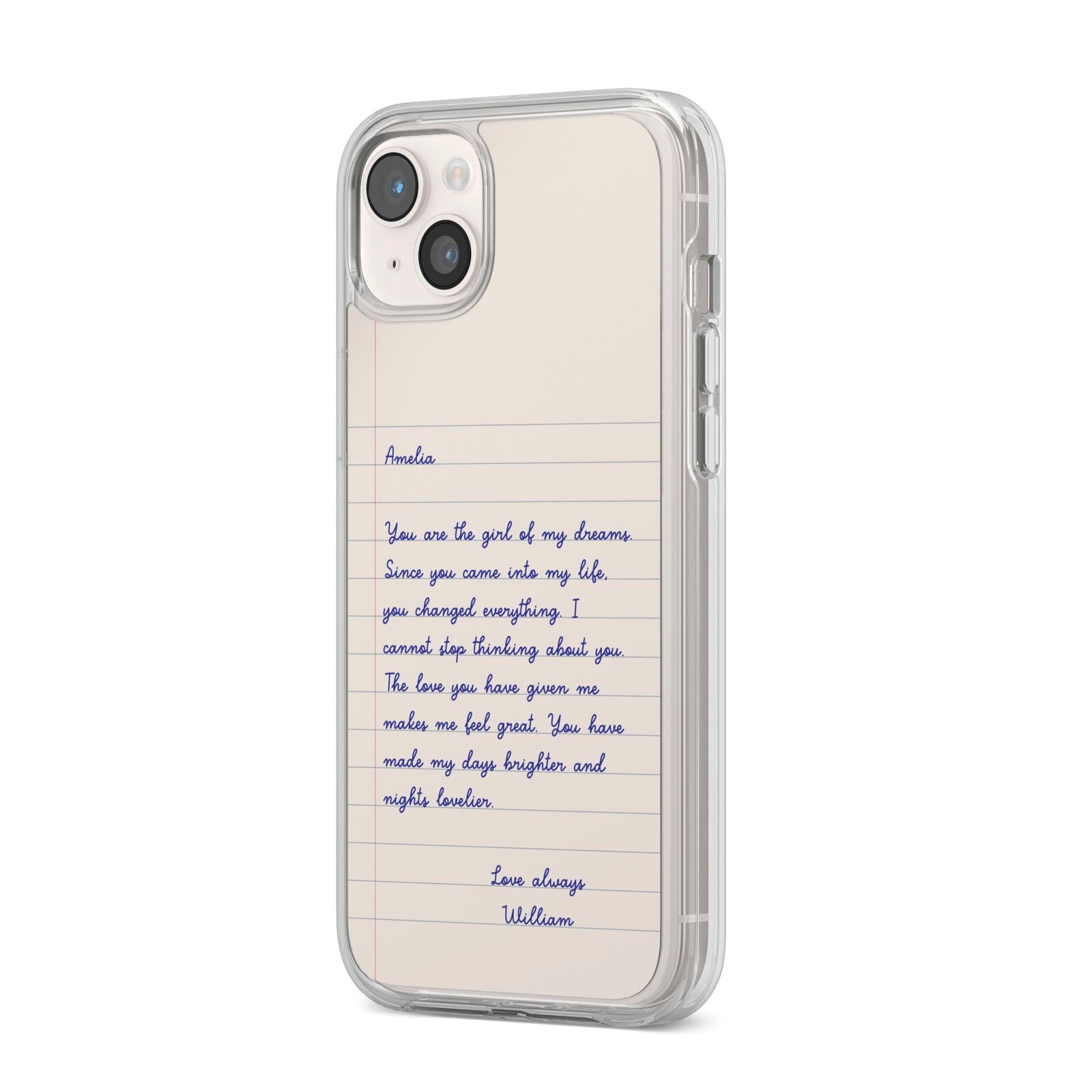 Personalised Love Letter iPhone 14 Plus Clear Tough Case Starlight Angled Image