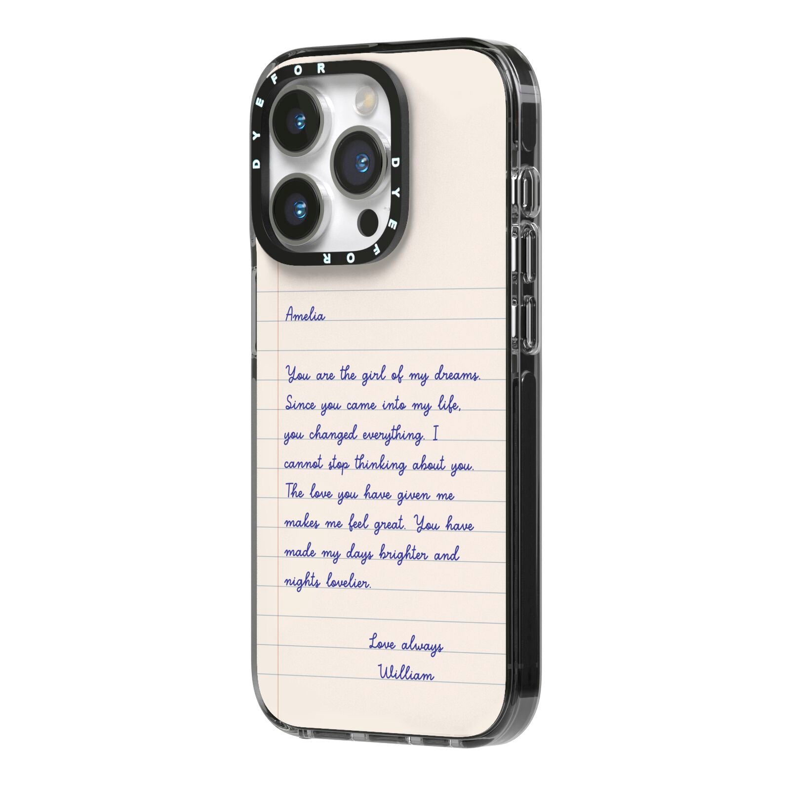 Personalised Love Letter iPhone 14 Pro Black Impact Case Side Angle on Silver phone