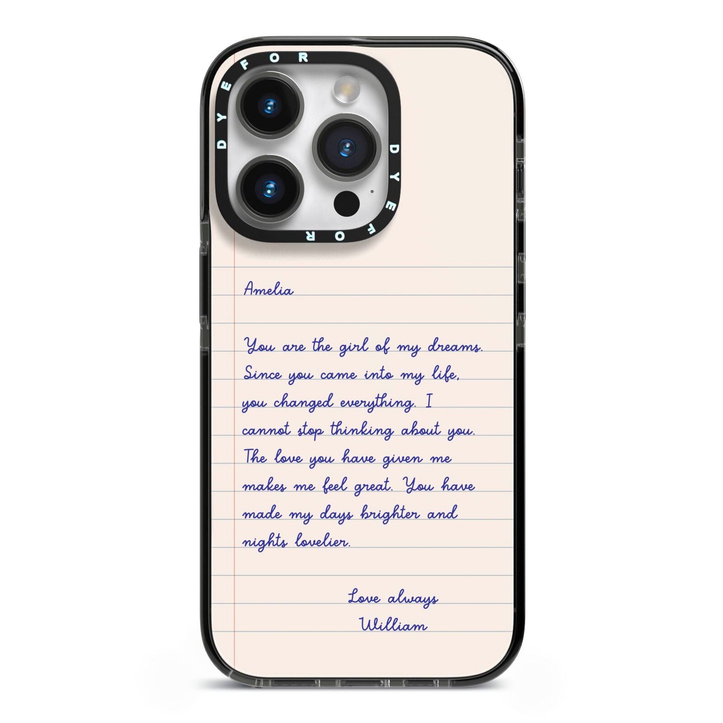 Personalised Love Letter iPhone 14 Pro Black Impact Case on Silver phone