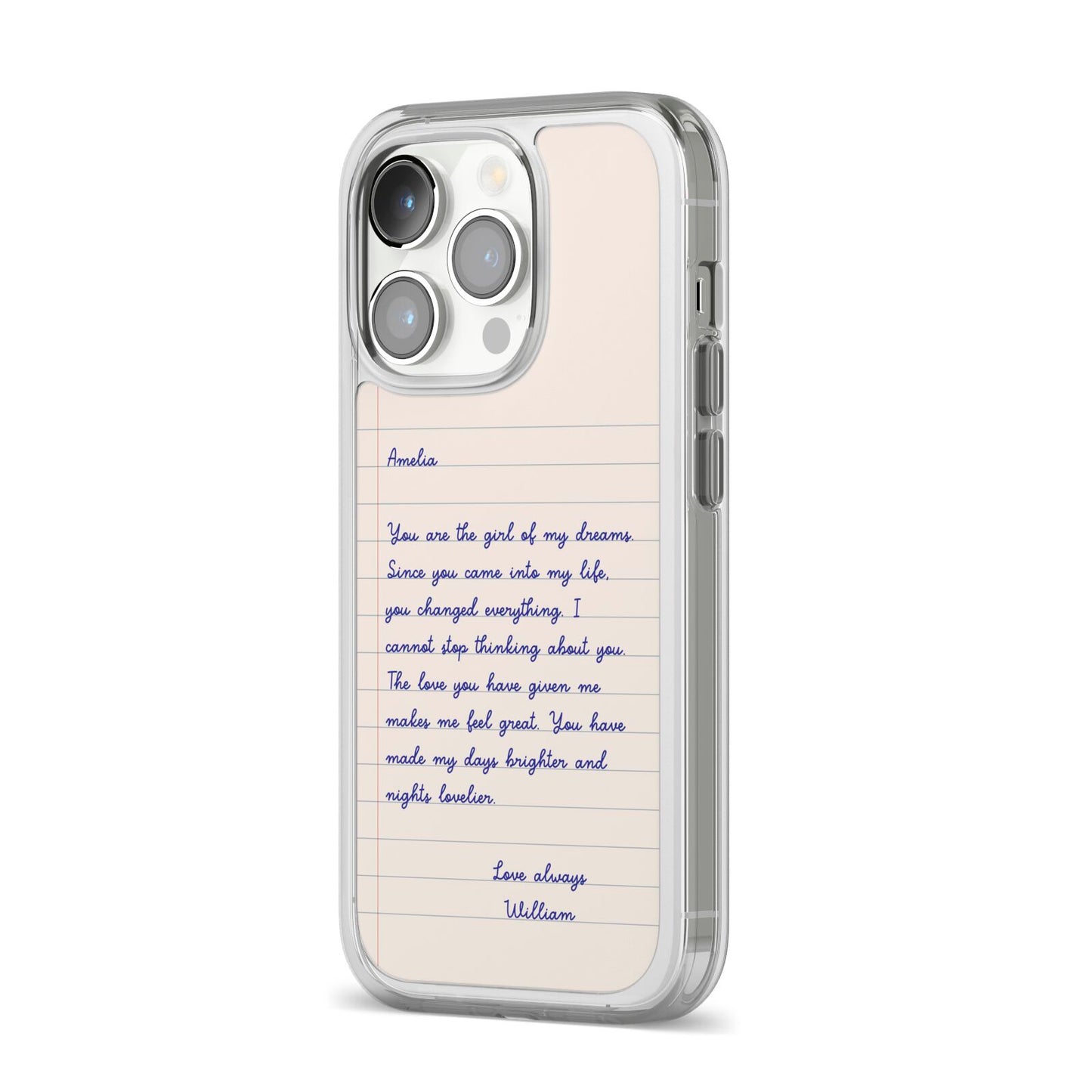 Personalised Love Letter iPhone 14 Pro Clear Tough Case Silver Angled Image