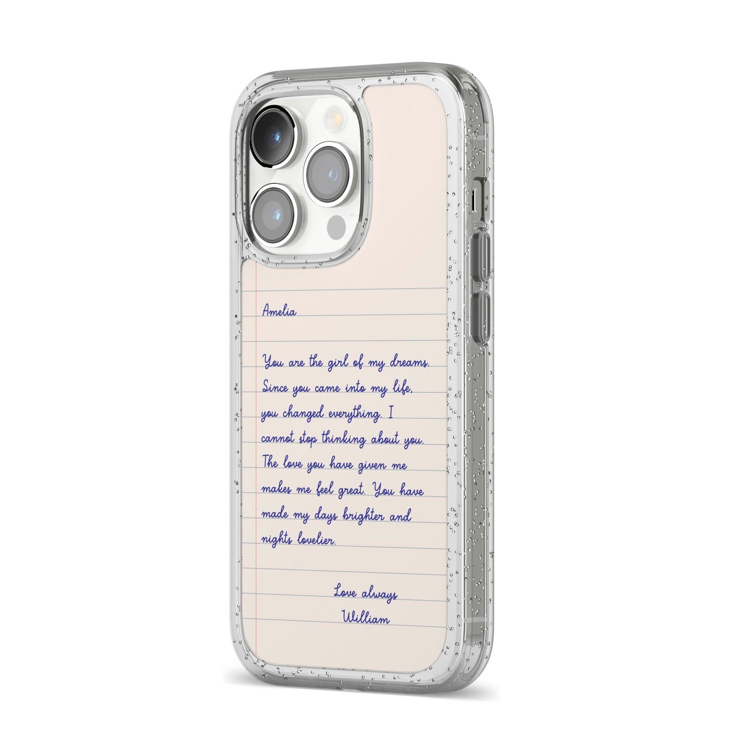 Personalised Love Letter iPhone 14 Pro Glitter Tough Case Silver Angled Image