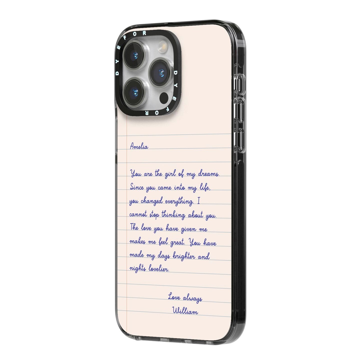 Personalised Love Letter iPhone 14 Pro Max Black Impact Case Side Angle on Silver phone