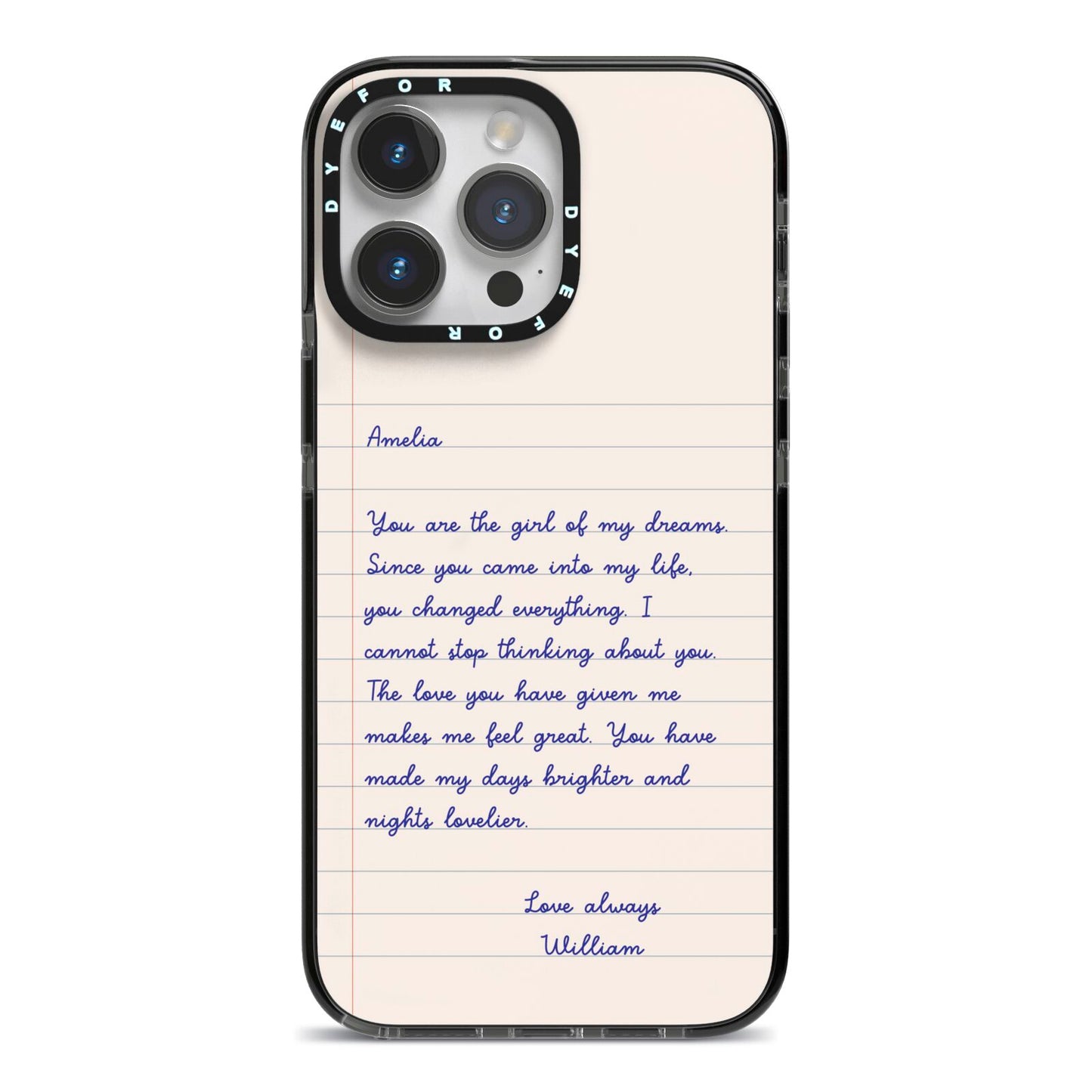 Personalised Love Letter iPhone 14 Pro Max Black Impact Case on Silver phone