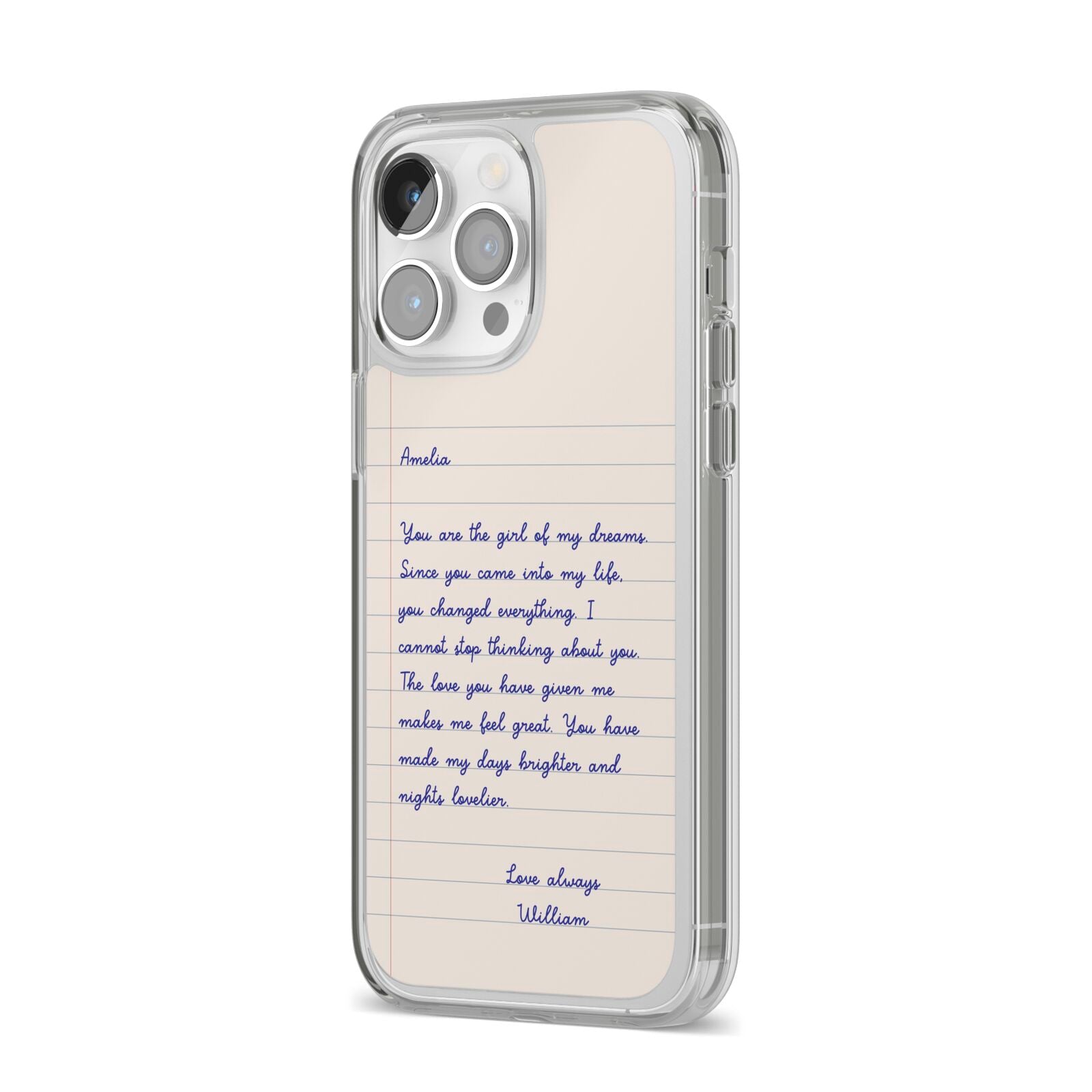 Personalised Love Letter iPhone 14 Pro Max Clear Tough Case Silver Angled Image