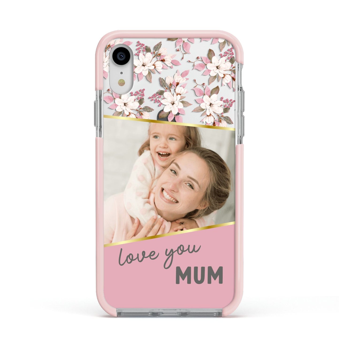 Personalised Love You Mum Apple iPhone XR Impact Case Pink Edge on Silver Phone