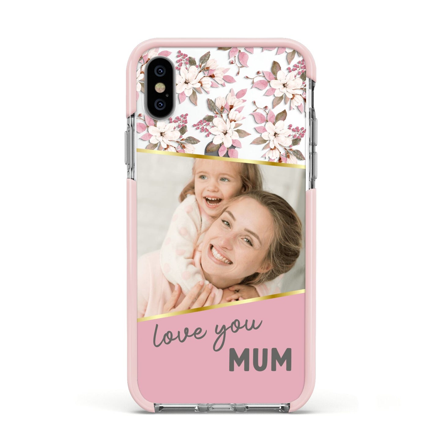 Personalised Love You Mum Apple iPhone Xs Impact Case Pink Edge on Silver Phone