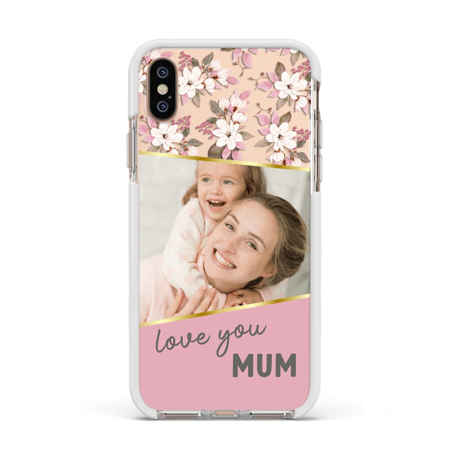 Personalised Love You Mum Apple iPhone Xs Impact Case White Edge on Gold Phone