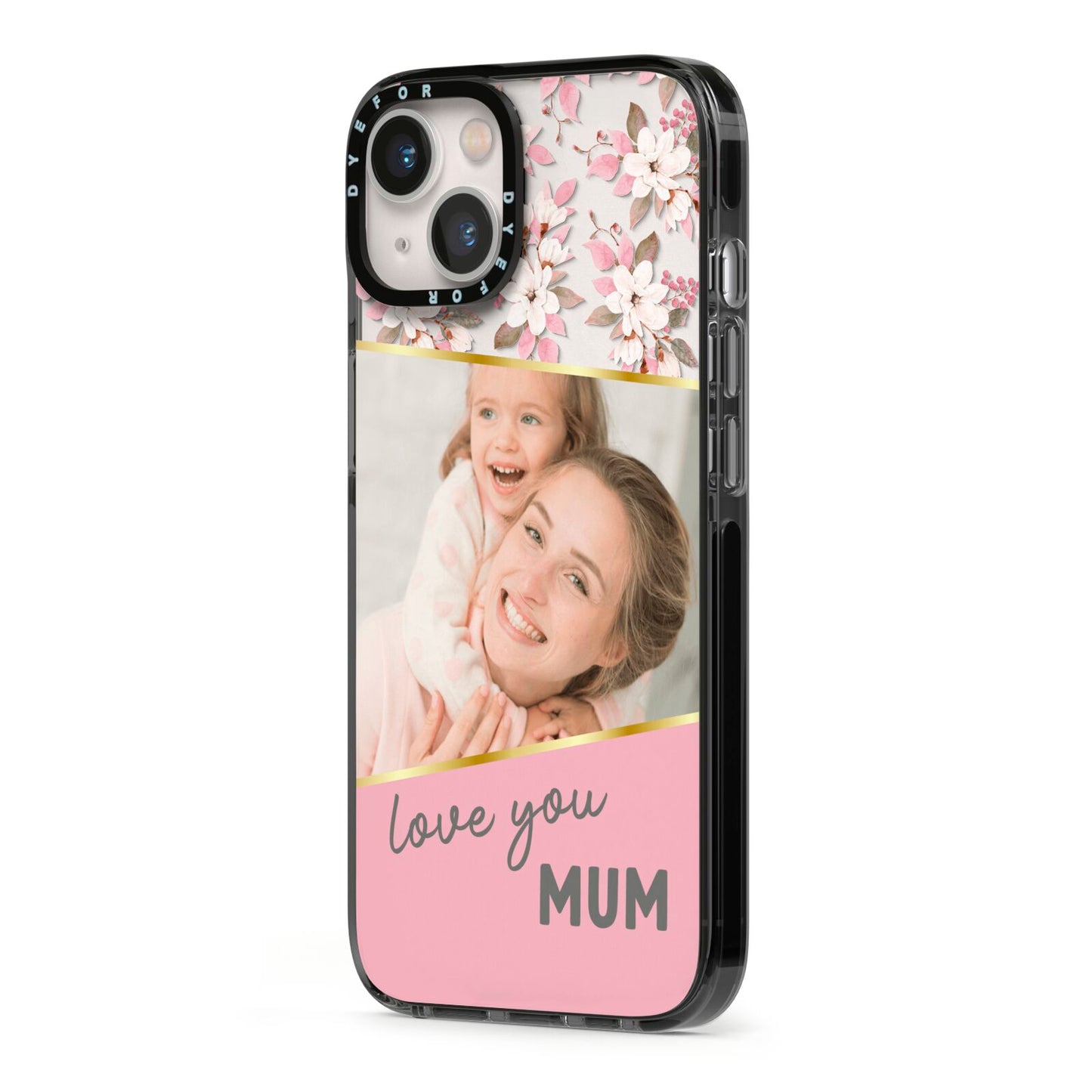 Personalised Love You Mum iPhone 13 Black Impact Case Side Angle on Silver phone