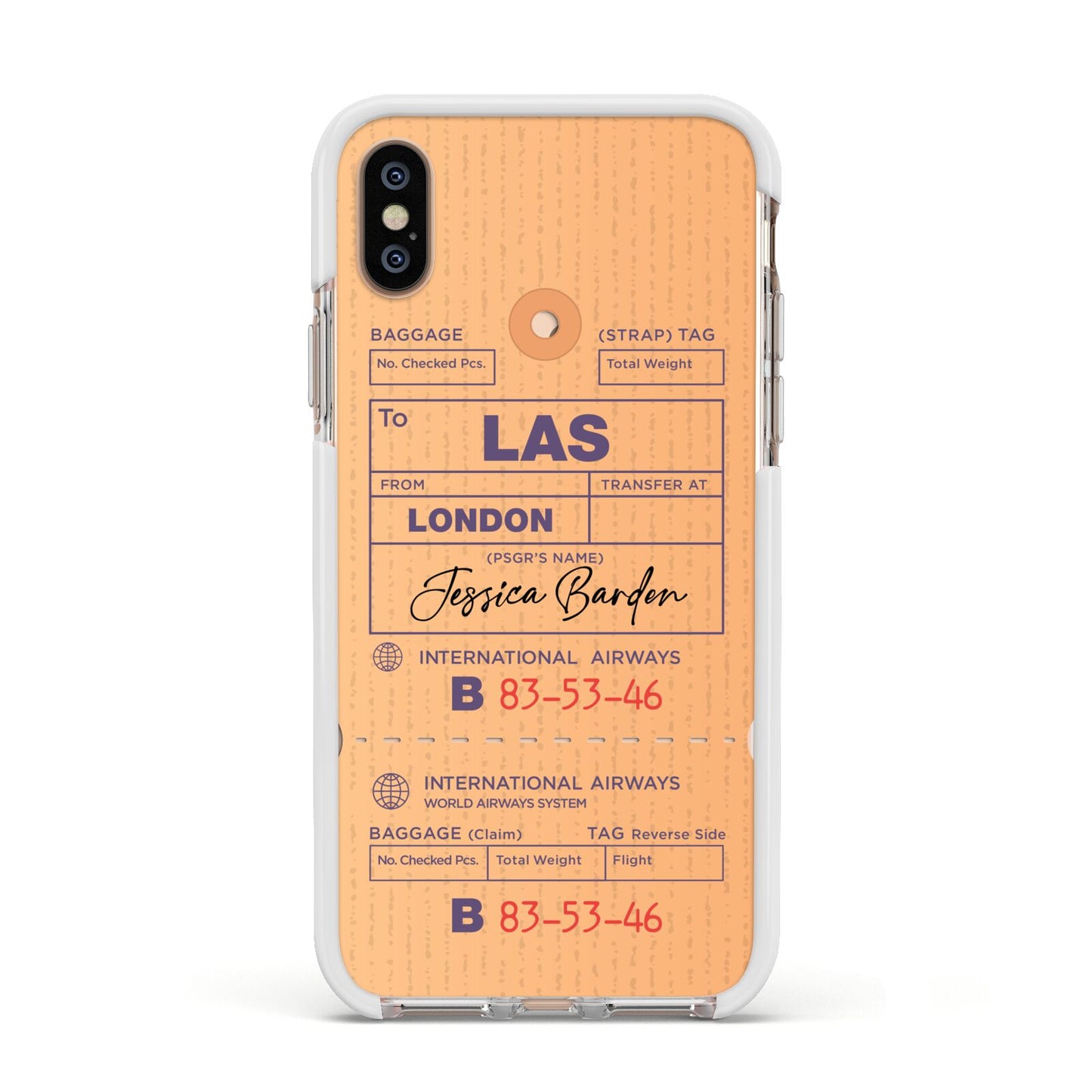 Personalised Luggage Tag Apple iPhone Xs Impact Case White Edge on Gold Phone