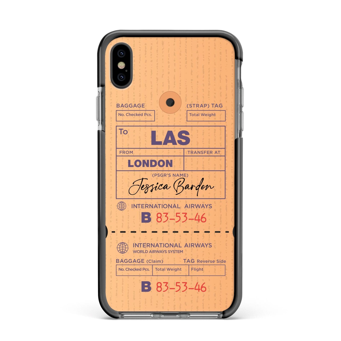 Personalised Luggage Tag Apple iPhone Xs Max Impact Case Black Edge on Black Phone