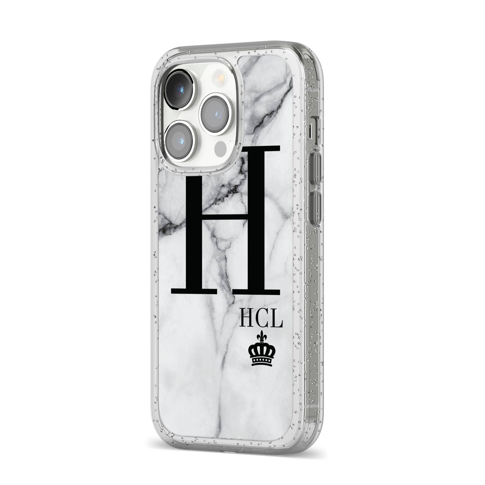 Personalised Marble Big Small Initials iPhone 14 Pro Glitter Tough Case Silver Angled Image