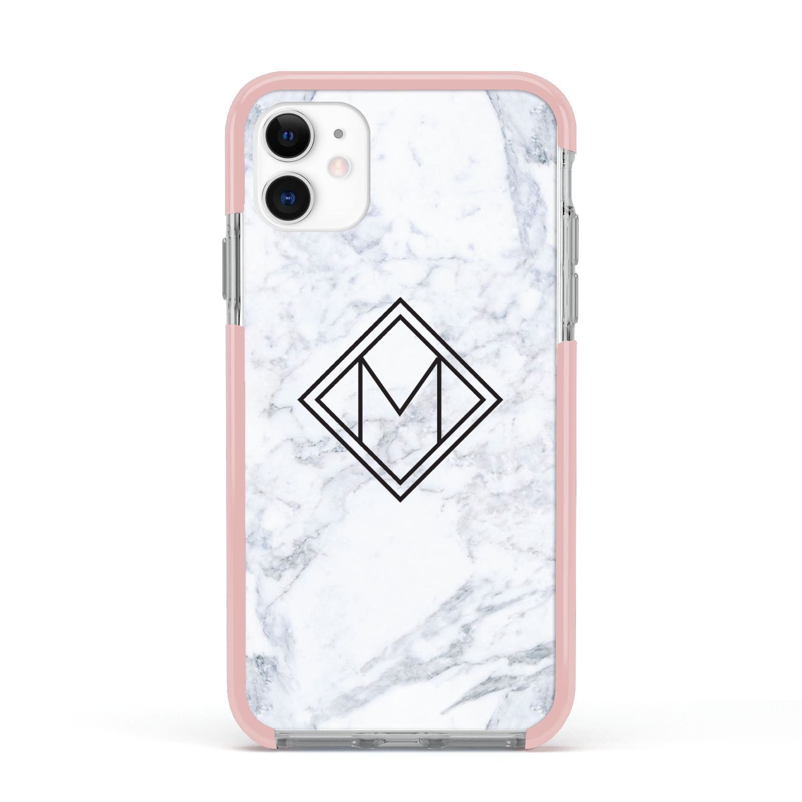 Personalised Marble Customised Initials Apple iPhone 11 in White with Pink Impact Case