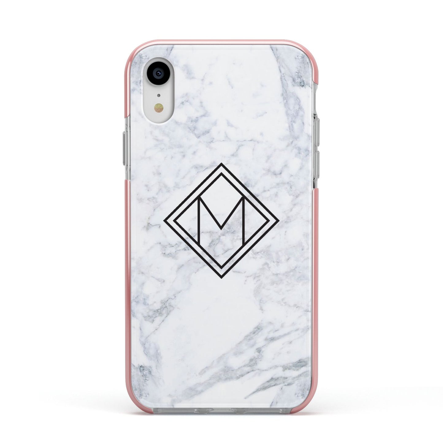 Personalised Marble Customised Initials Apple iPhone XR Impact Case Pink Edge on Silver Phone