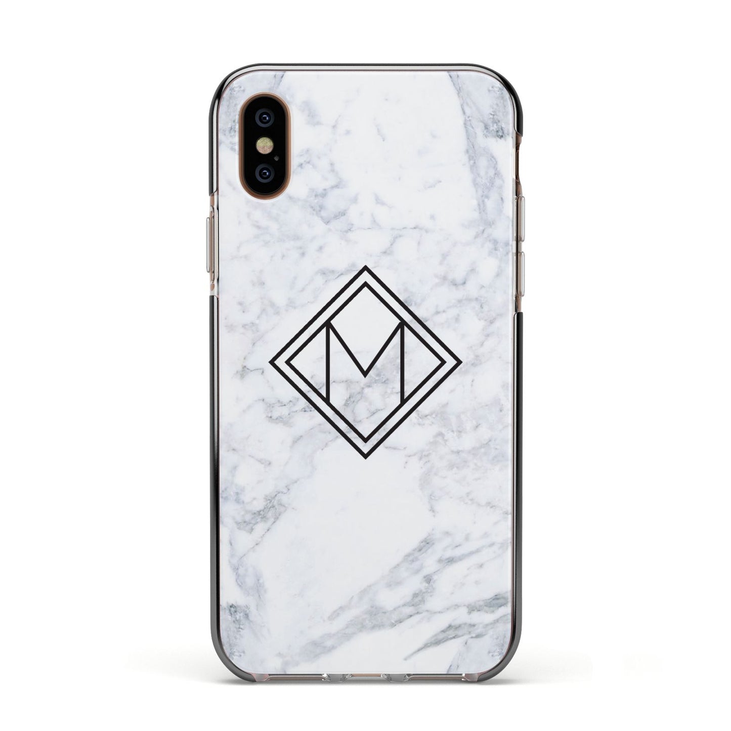 Personalised Marble Customised Initials Apple iPhone Xs Impact Case Black Edge on Gold Phone