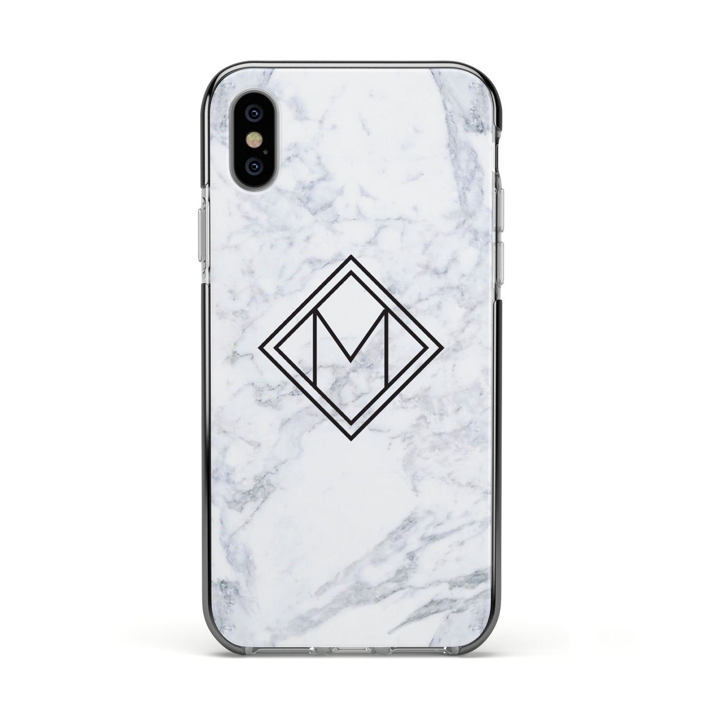 Personalised Marble Customised Initials Apple iPhone Xs Impact Case Black Edge on Silver Phone