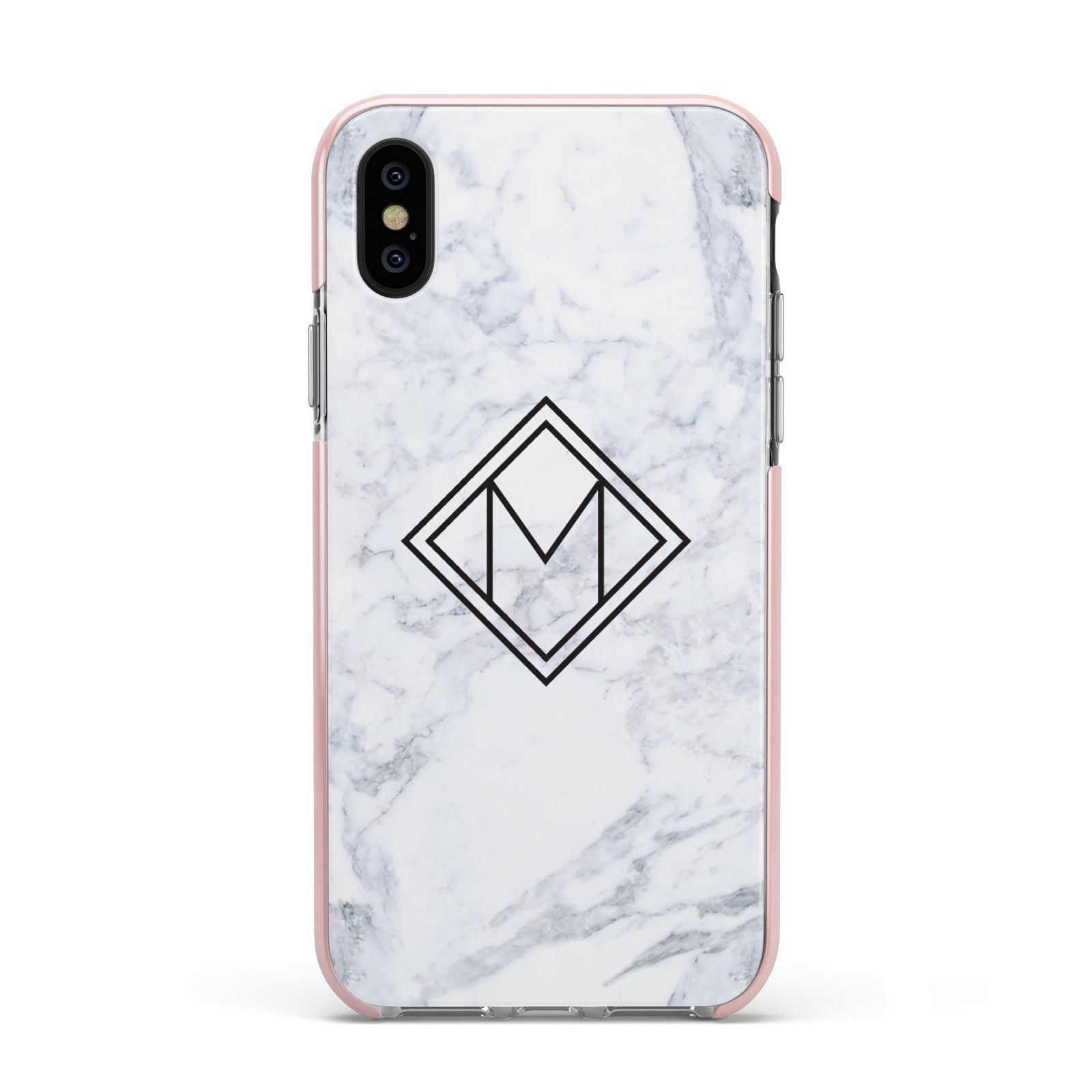 Personalised Marble Customised Initials Apple iPhone Xs Impact Case Pink Edge on Black Phone