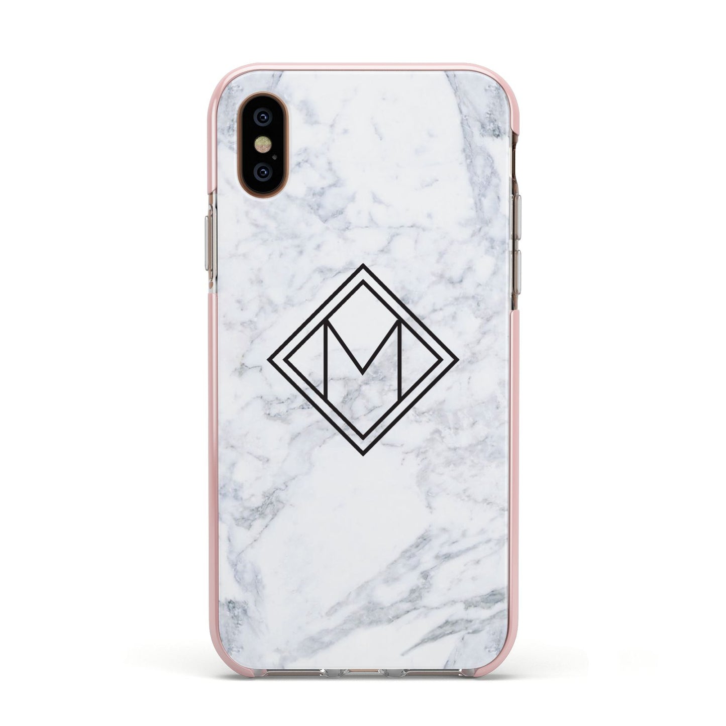 Personalised Marble Customised Initials Apple iPhone Xs Impact Case Pink Edge on Gold Phone