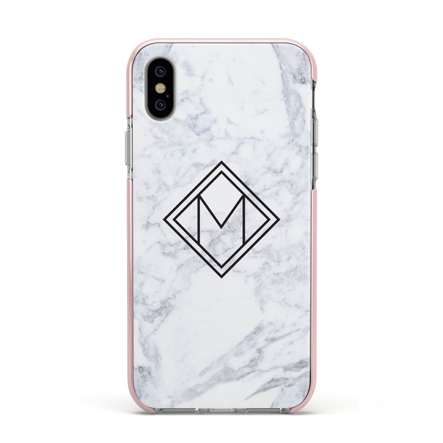 Personalised Marble Customised Initials Apple iPhone Xs Impact Case Pink Edge on Silver Phone