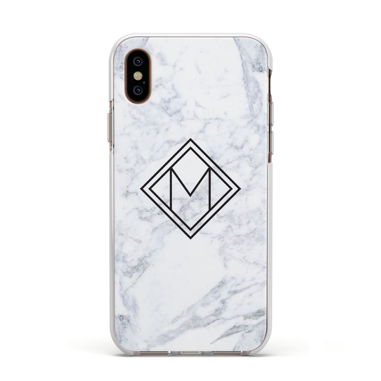 Personalised Marble Customised Initials Apple iPhone Xs Impact Case White Edge on Gold Phone