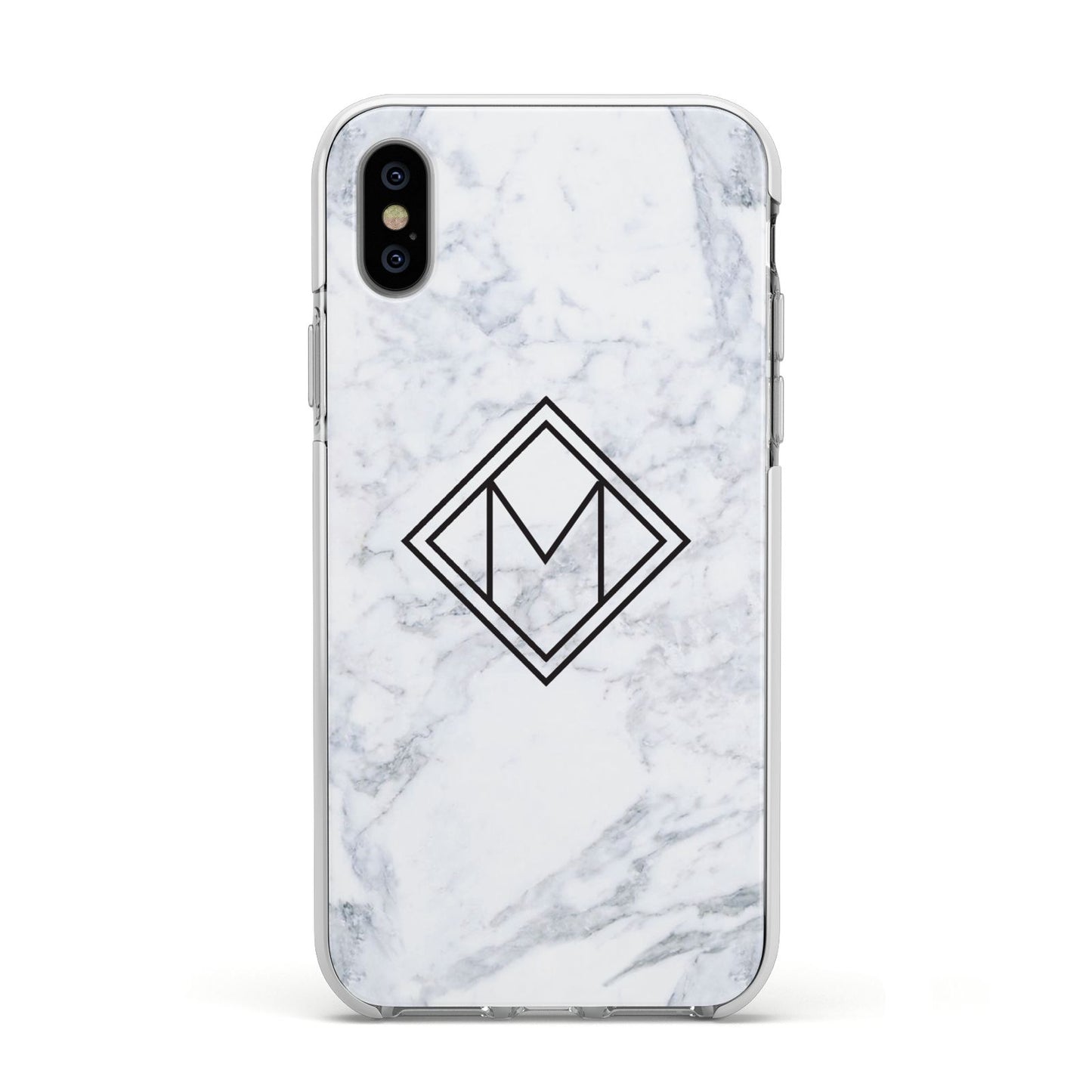 Personalised Marble Customised Initials Apple iPhone Xs Impact Case White Edge on Silver Phone