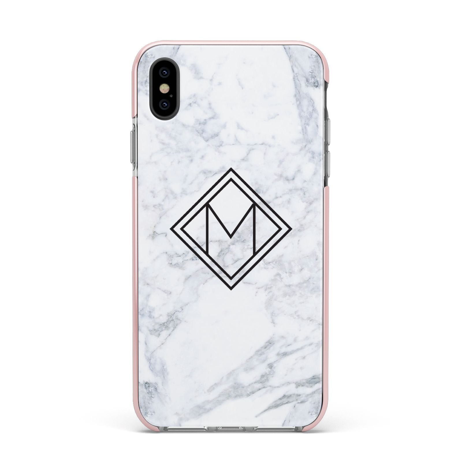 Personalised Marble Customised Initials Apple iPhone Xs Max Impact Case Pink Edge on Black Phone