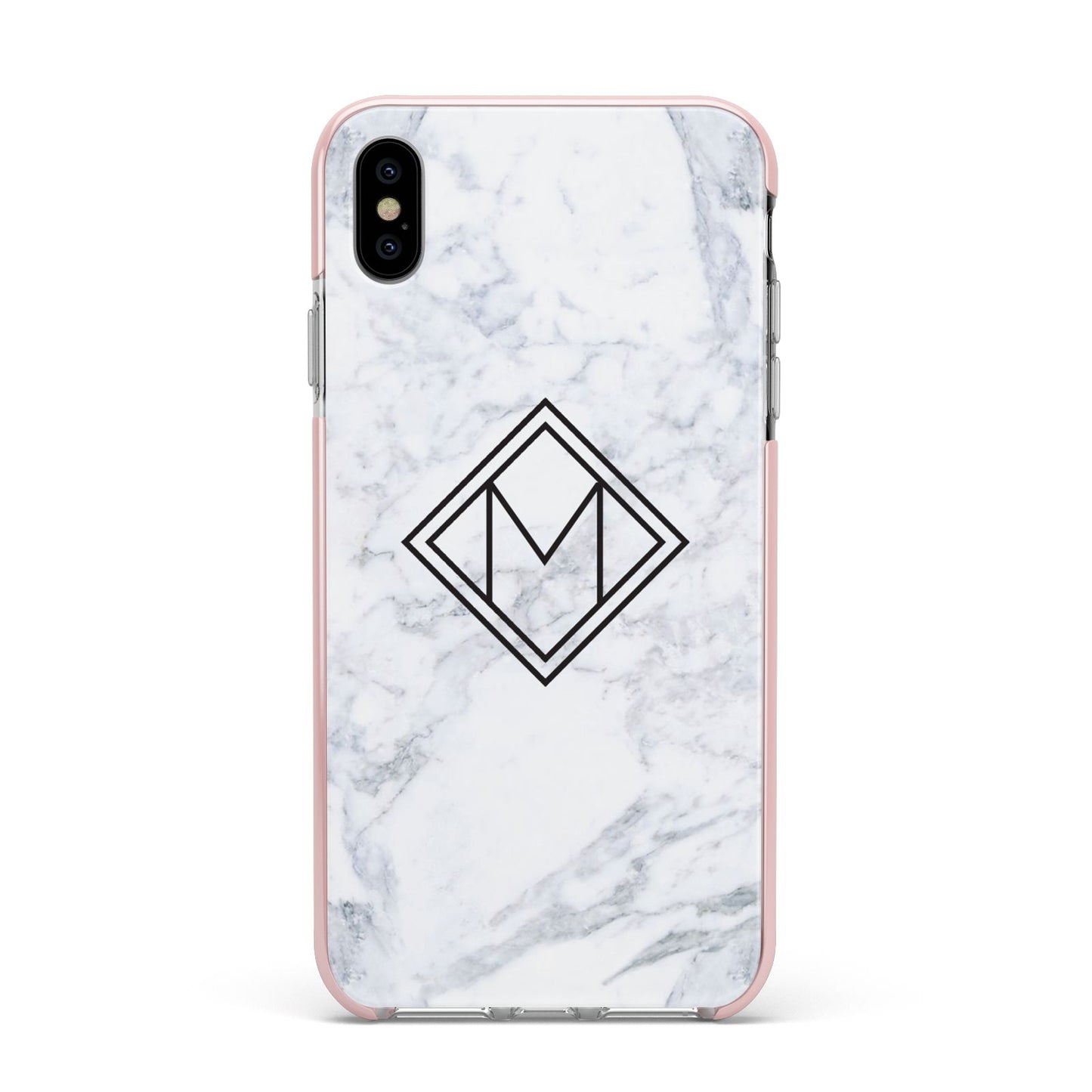 Personalised Marble Customised Initials Apple iPhone Xs Max Impact Case Pink Edge on Silver Phone